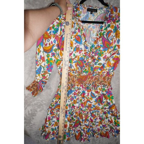 House of Harlow 1960 Nicole Richie Boho Paisley Mini Dress Medium Colorful Puff - Picture 11 of 16